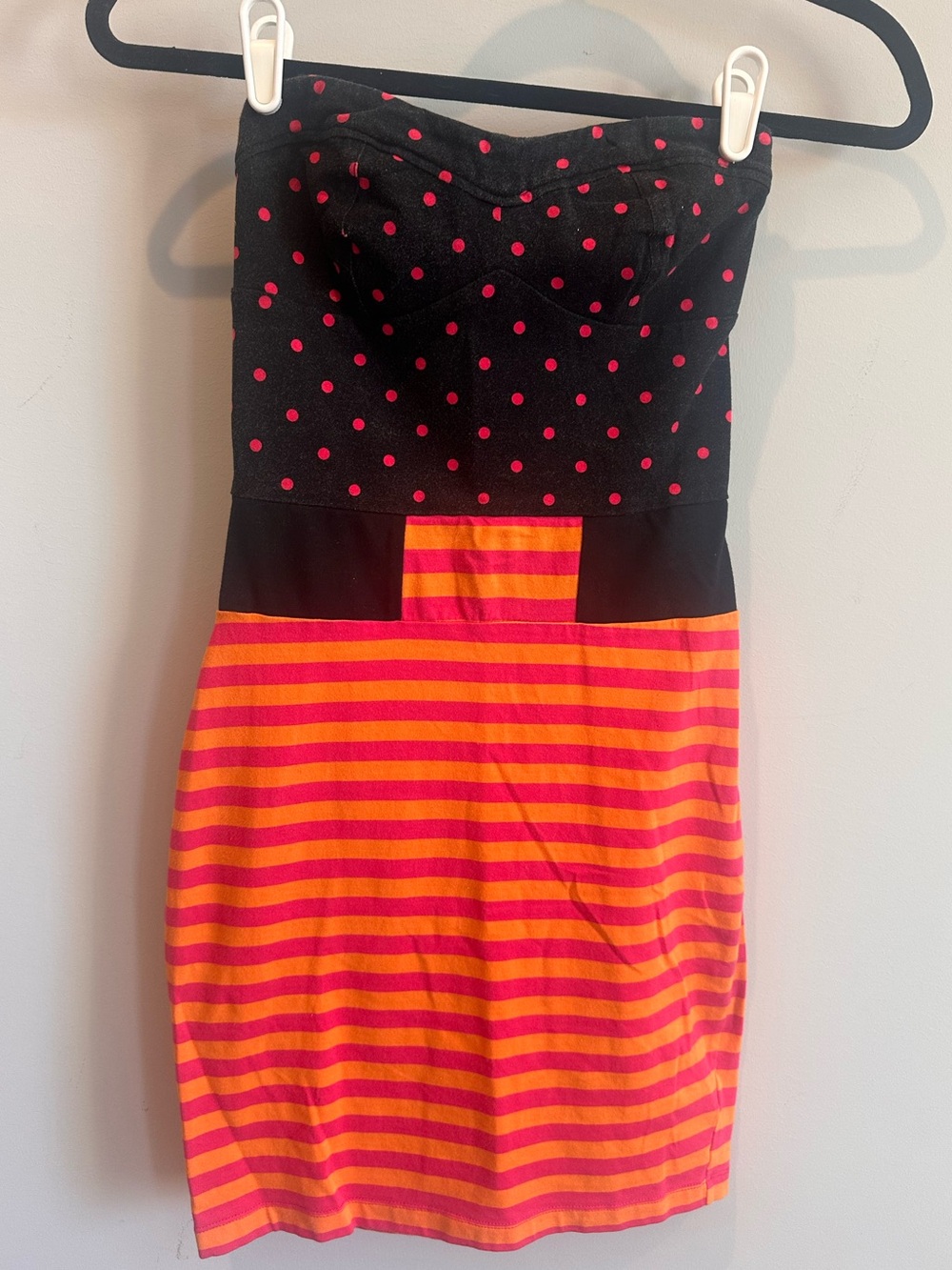 Strapless Black & Pink Polka Dot Top with Neon Pink-Orange Striped dress